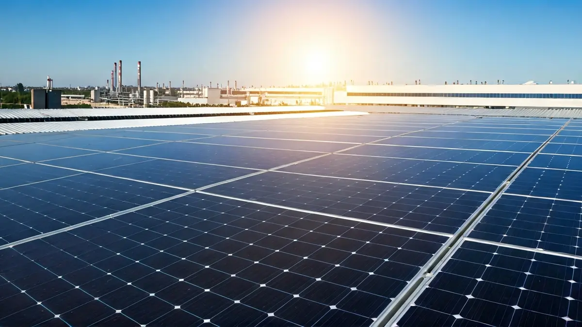 Imatge genèrica de plaques solars en un polígon industrial, amb el sol brillant.