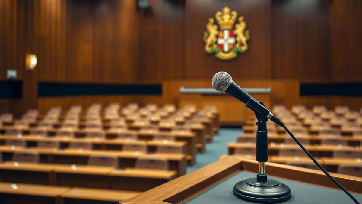 Imatge genèrica d'un micròfon en un faristol en una sala de plens municipal.