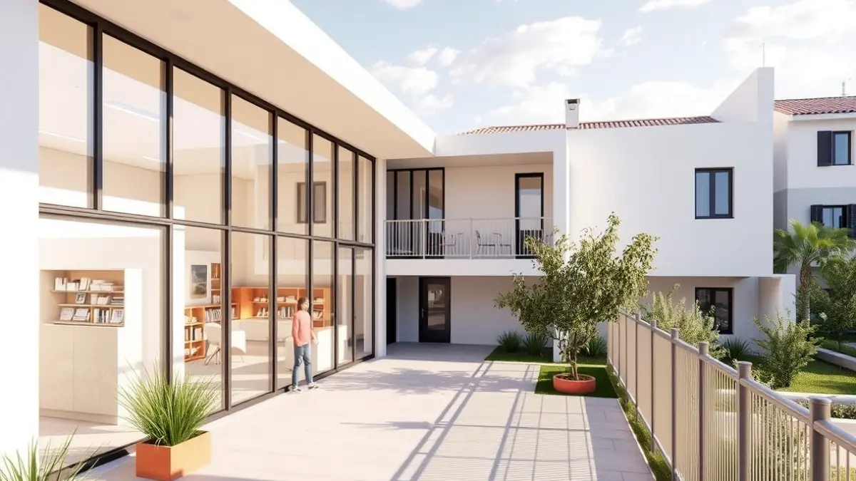 Imatge d'un hospital de dia infantojuvenil, amb espais lluminosos i un pati exterior.