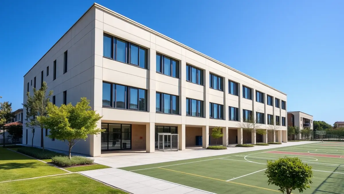 Imagen del nuevo CEIP número 4 de Almoradí, con su fachada moderna y zonas verdes.