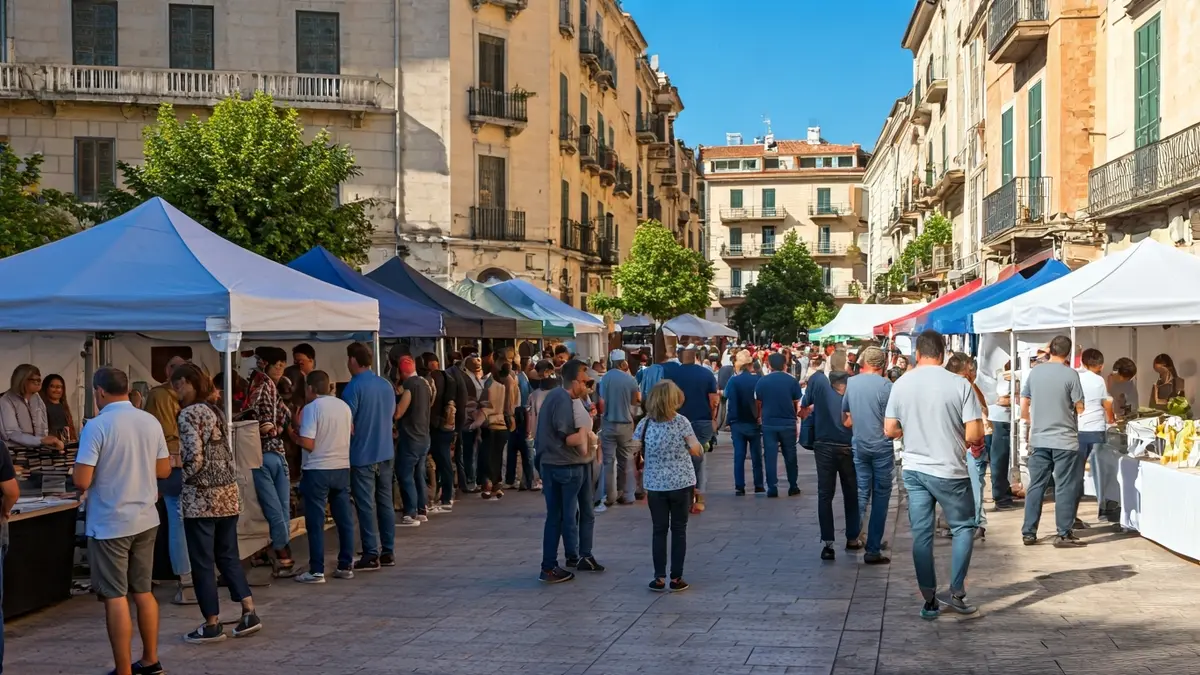 Imatge d'una fira d'associacions en una plaça mediterrània, amb activitats i gent participant.