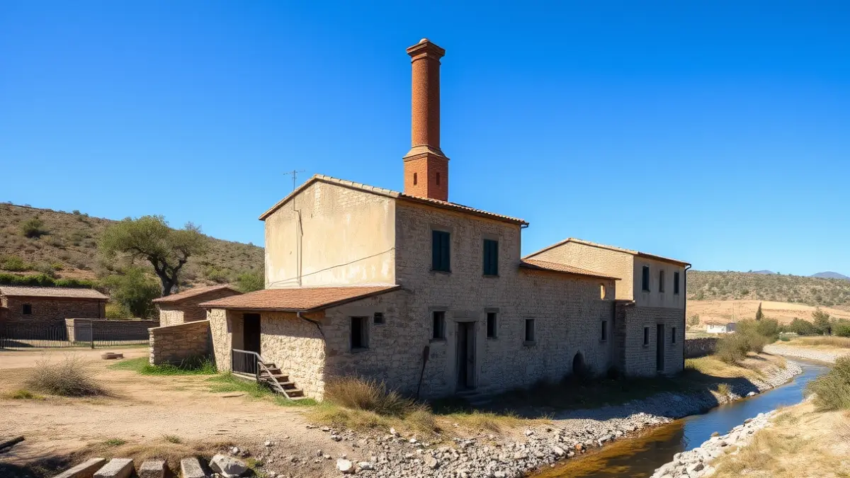 Imagen del antiguo Molino de Montagud en Alzira, con su chimenea de ladrillo destacando.