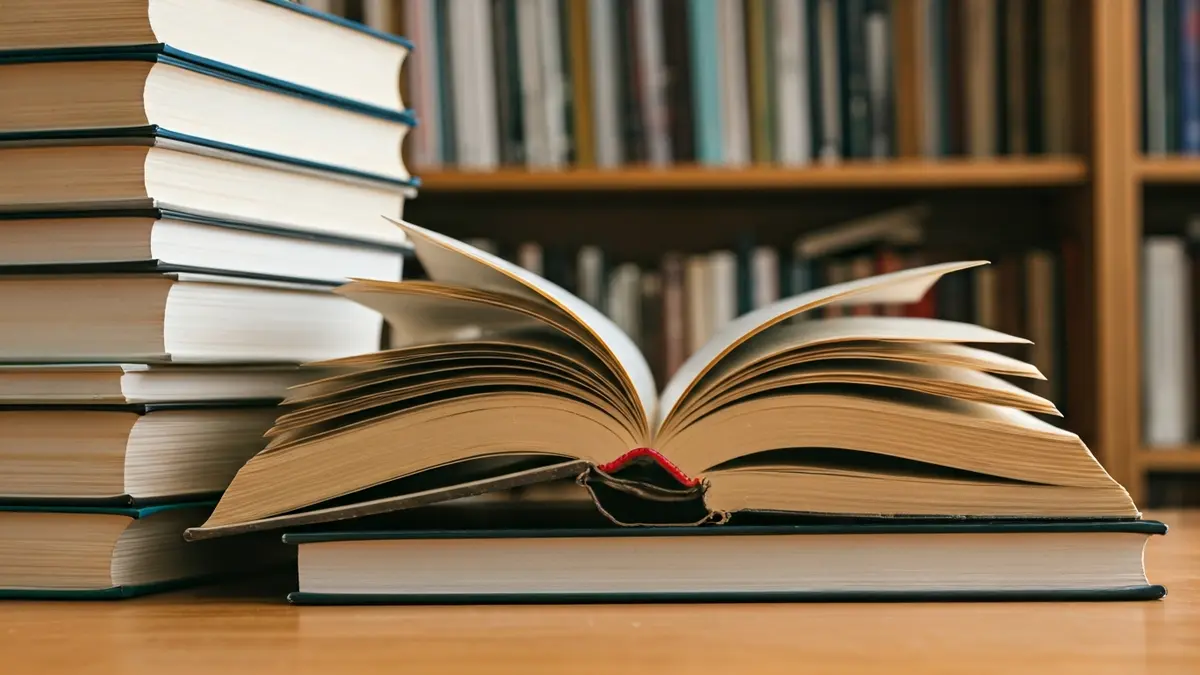 Imagen genérica de libros en una mesa, con un libro abierto en primer plano, en un ambiente de biblioteca.