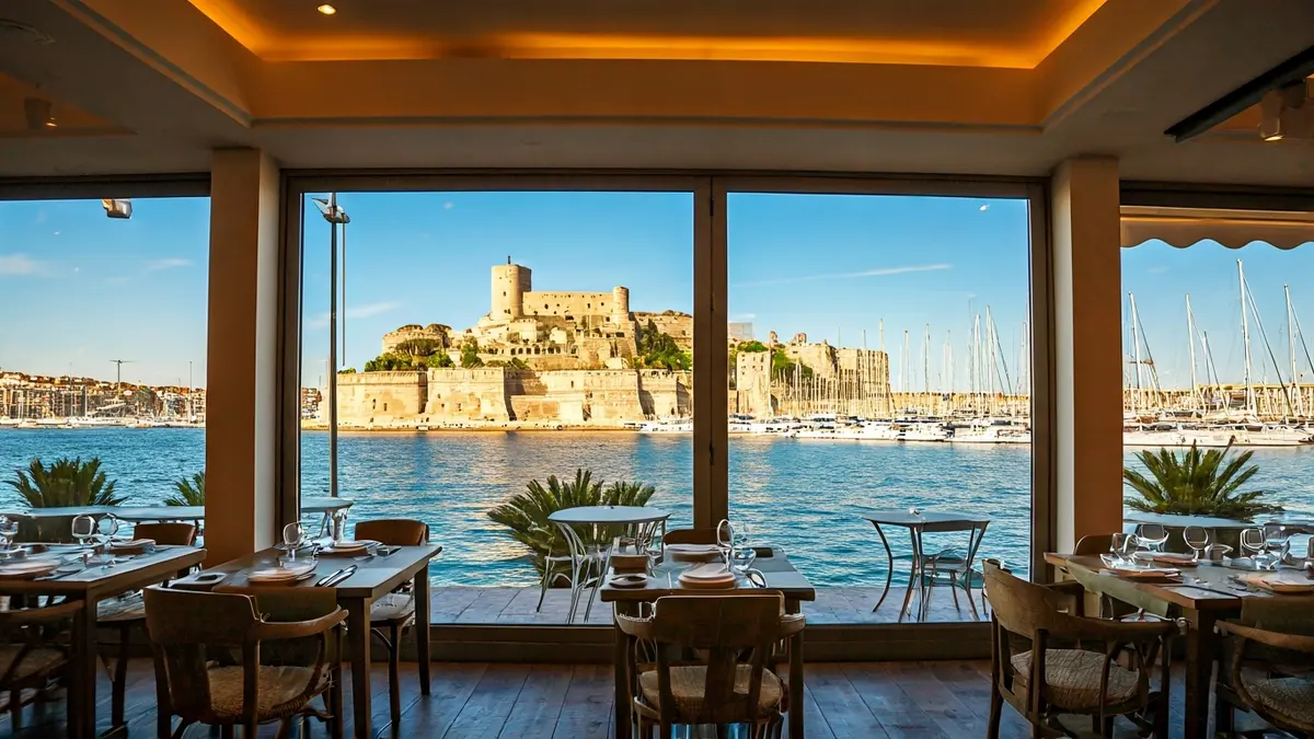 Imatge d'un restaurant elegant amb vistes a un port esportiu i un castell històric en Dénia.
