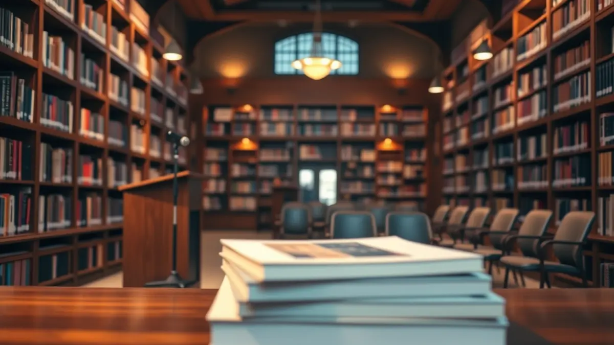 Imagen genérica de una biblioteca con libros y un micrófono, representando el ámbito educativo y editorial.