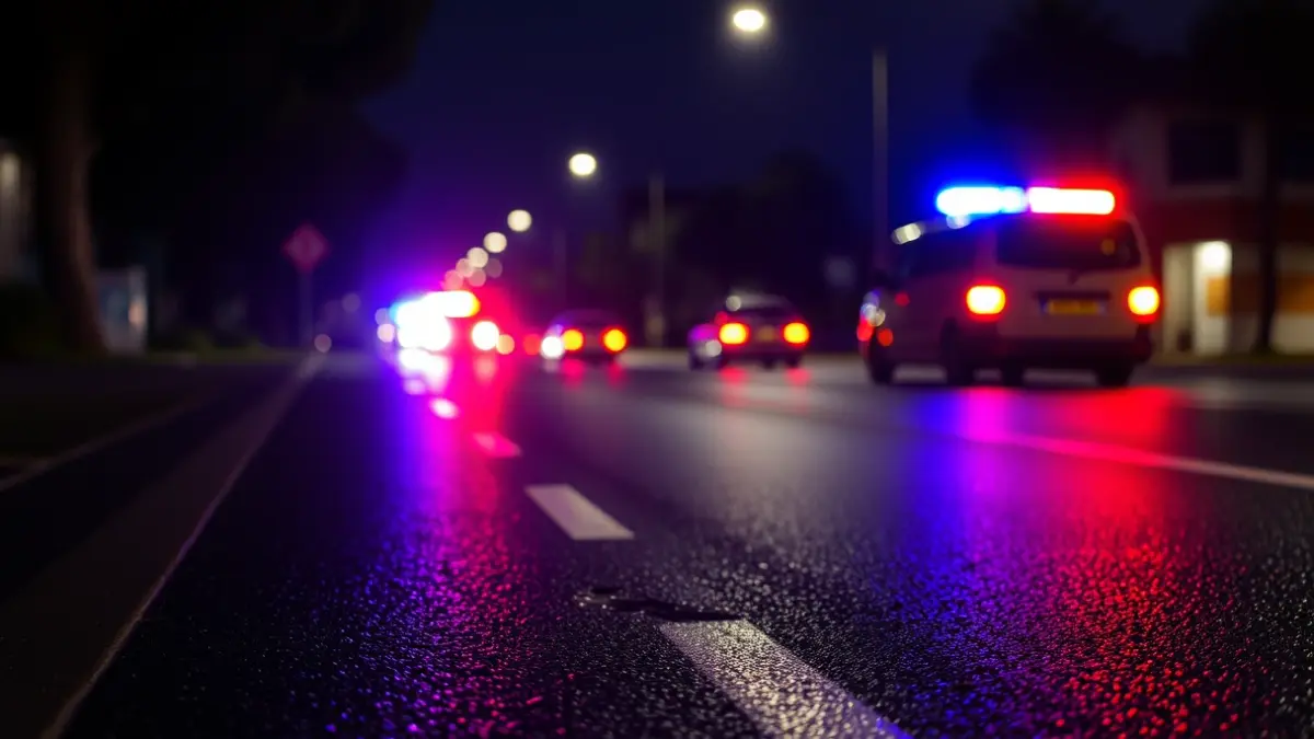 Imagen genérica de luces de emergencia reflejándose en el asfalto mojado de noche.