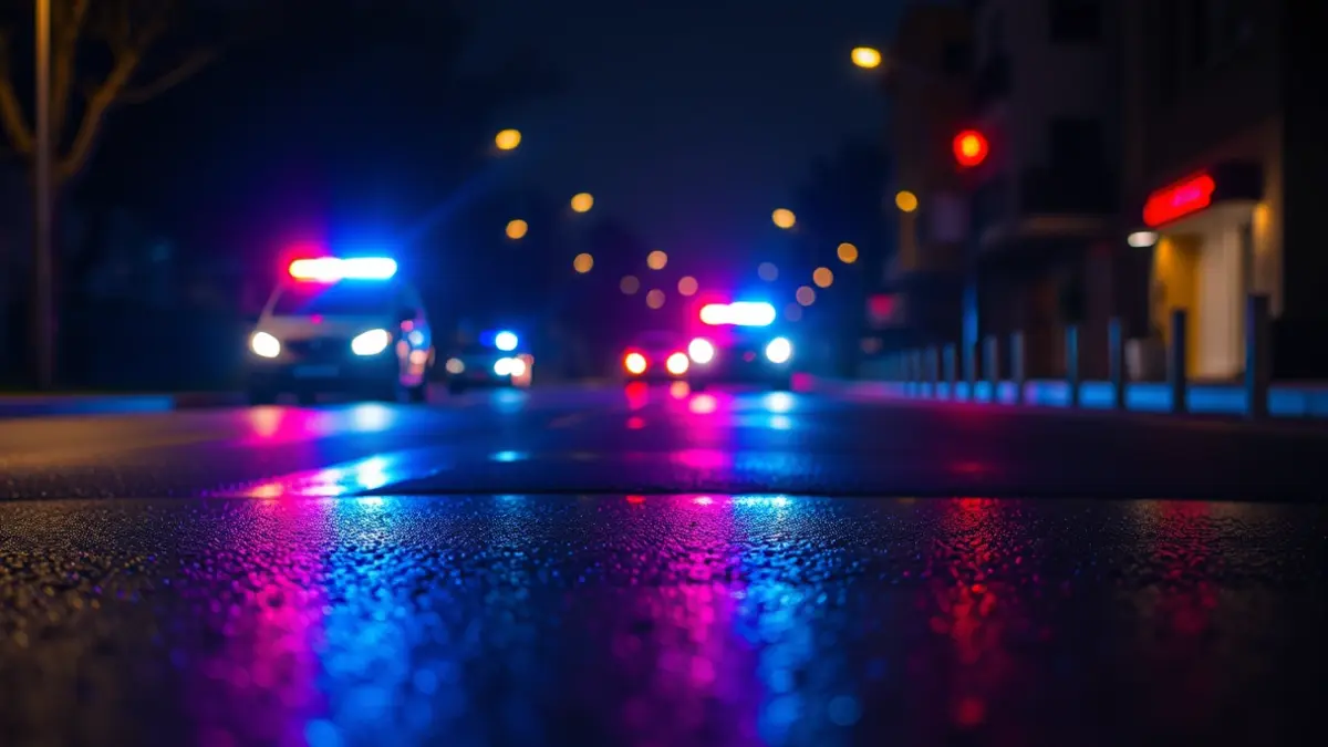 Generic image of emergency lights reflecting on wet asphalt at night.