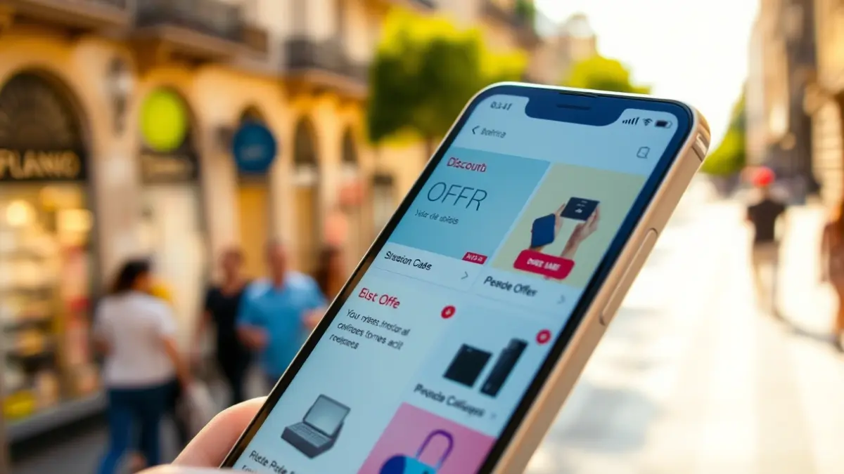 Imatge genèrica d'una pantalla de telèfon mòbil mostrant ofertes i catàlegs digitals en un entorn urbà.
