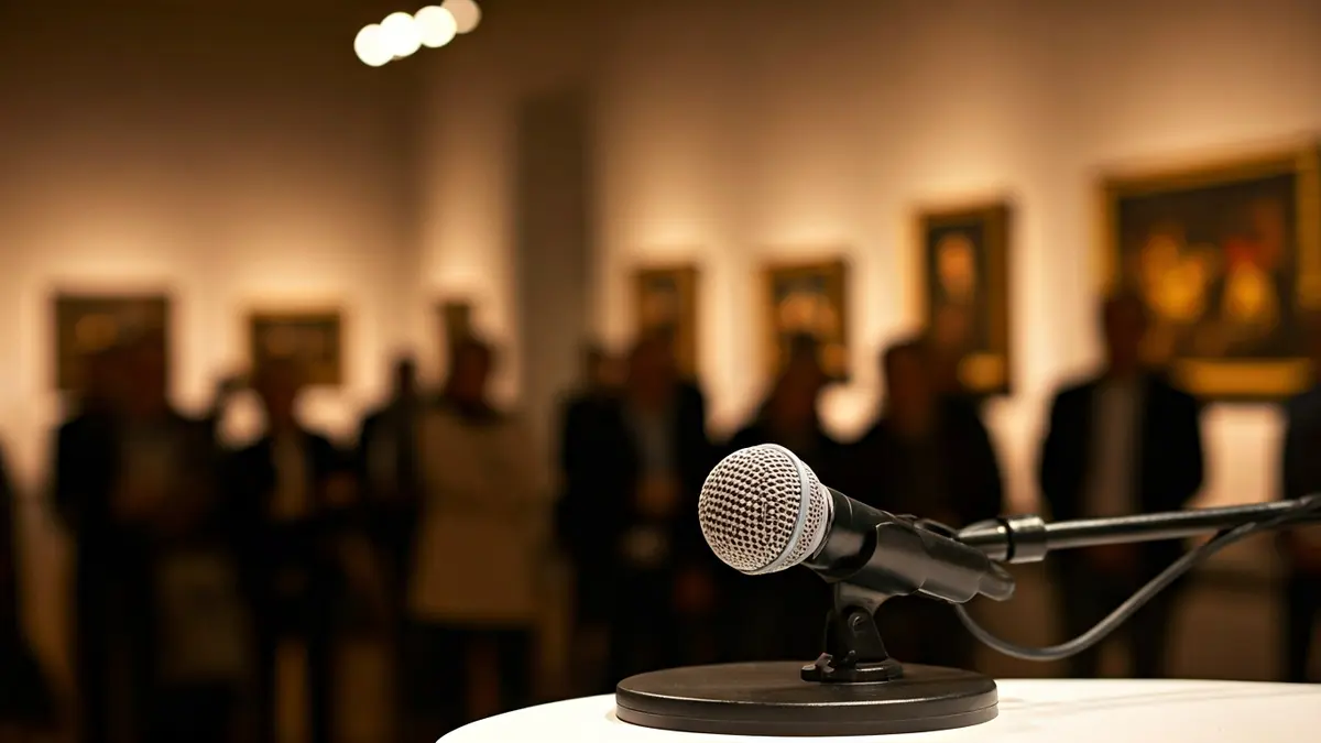 Generic image of a microphone on a podium in a museum hall, representing a cultural round table.