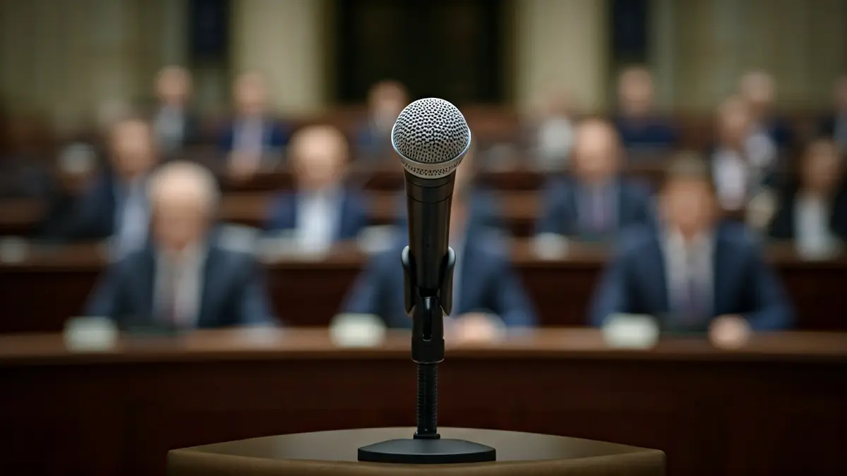 Generic image of a microphone on a podium, symbolizing a political statement or press conference.