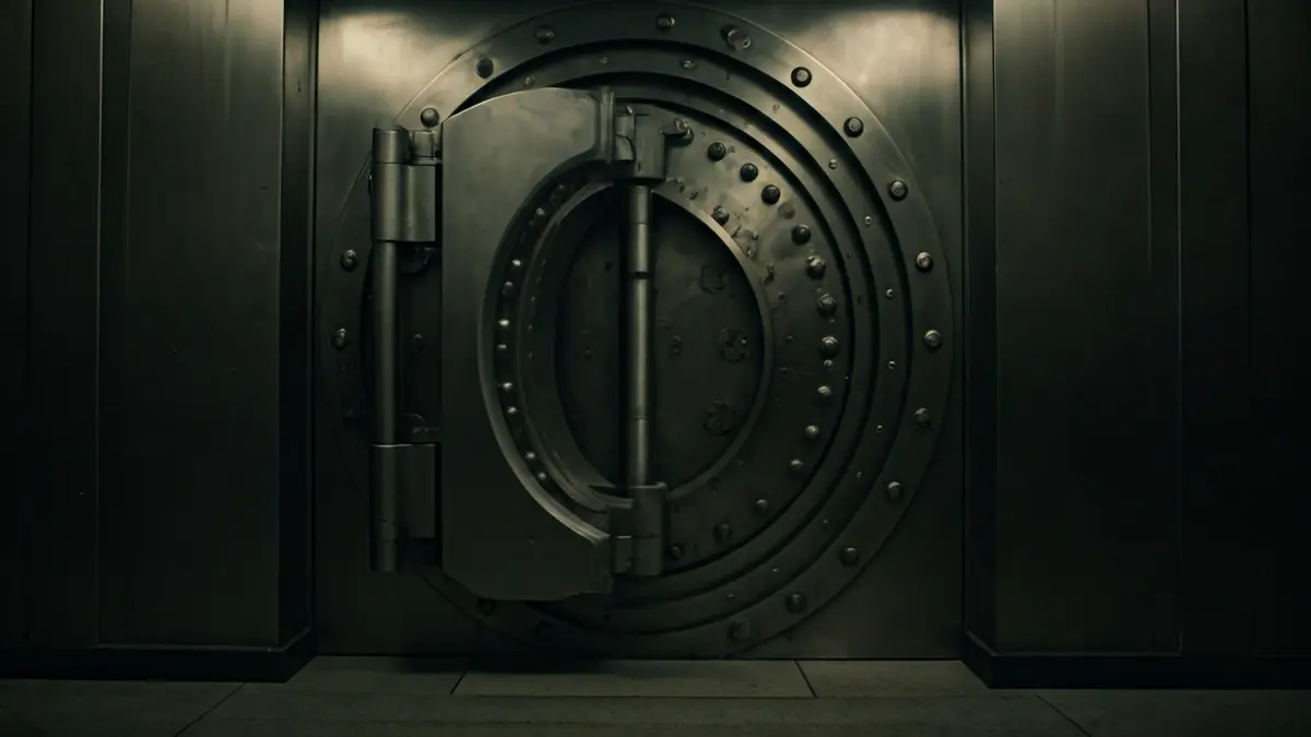 Imatge d'una porta de caixa forta de banc, lleugerament oberta, amb il·luminació tènue.