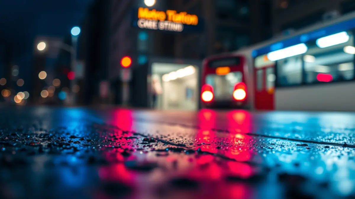 Generic image of emergency lights reflecting on wet asphalt near a metro station.