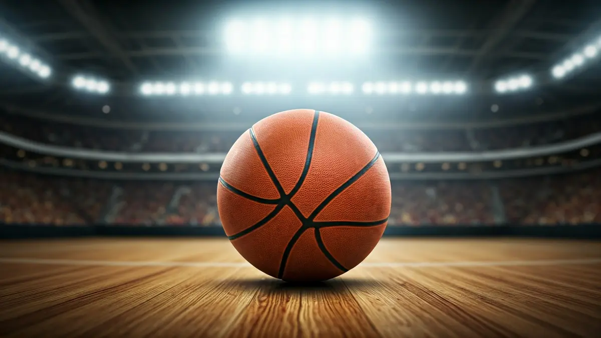 Generic image of a basketball on a polished wooden court, with blurred stadium lights in the background.