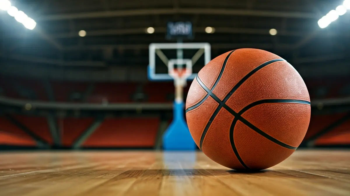 Generic image of a basketball on a wooden court, with a blurred hoop in the background.