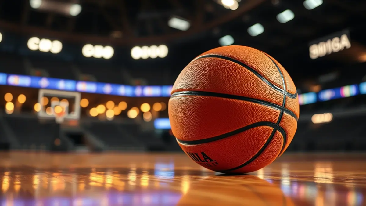 Generic image of a basketball on a polished wooden court, with blurred stadium lights in the background.