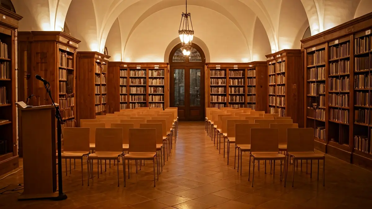 Imagen genérica de una biblioteca con un atril y sillas, cálidamente iluminada.