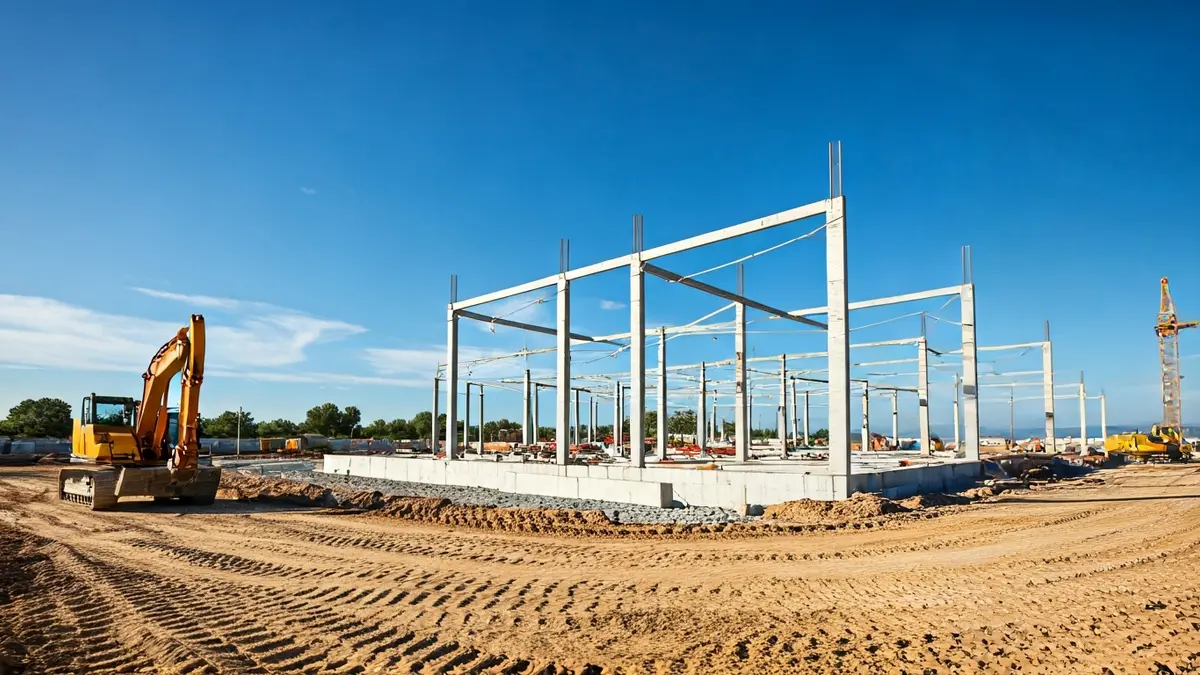 Imatge d'un solar en construcció amb maquinària pesada i estructures parcialment construïdes, baix un cel blau clar, en un paisatge mediterrani.