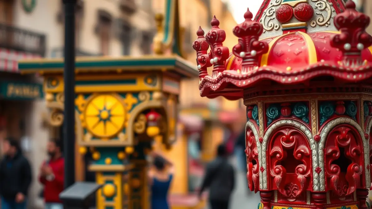 Imagen de un monumento de Hogueras con detalles intrincados y colores vivos, en un ambiente festivo.
