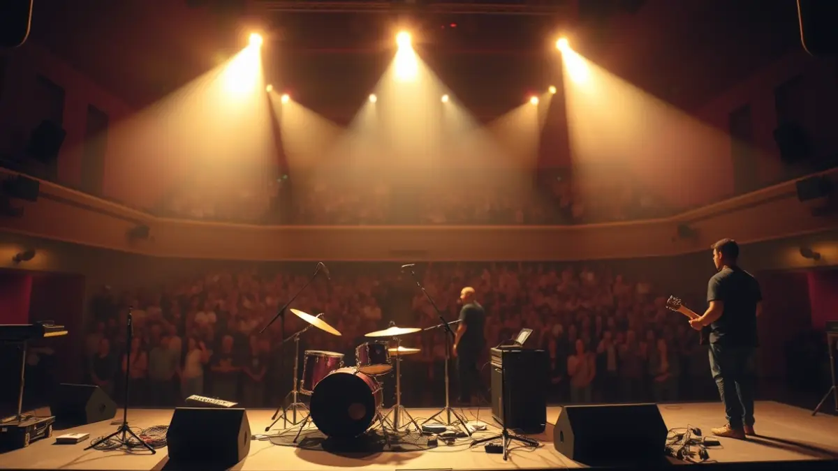 Imagen genérica de un escenario con instrumentos musicales y luces de concierto.