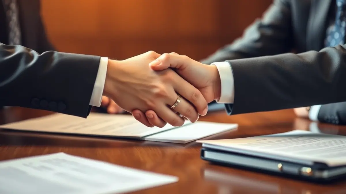 Generic image of two hands shaking over paperwork, symbolizing collaboration.