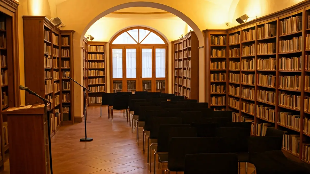 Imagen genérica de un auditorio o sala de lectura con un micrófono y sillas vacías.