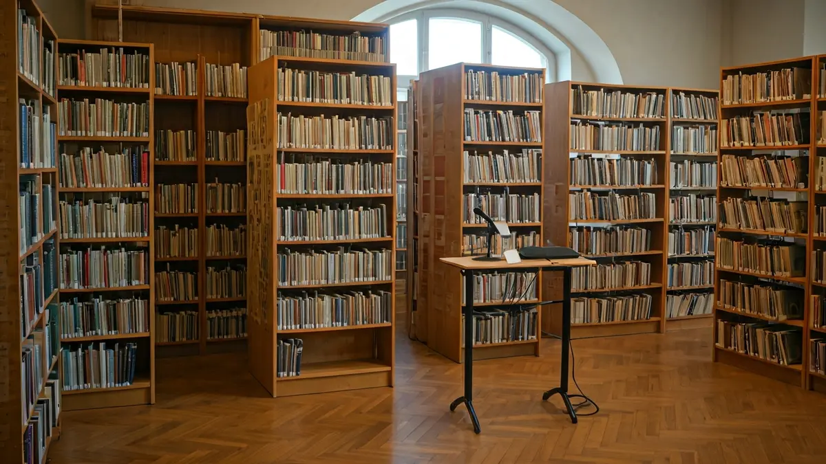 Generic image of a modern library with a podium and chairs, suggesting a scientific event.