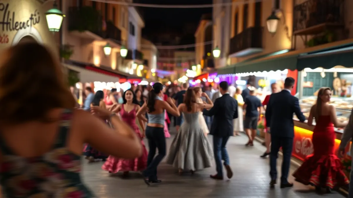 Imagen de ambiente festivo con baile flamenco y gastronomía en una calle mediterránea.
