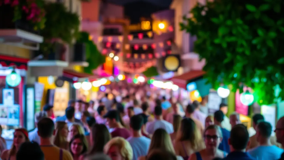 Generic image of a popular festival with people and colorful lights.