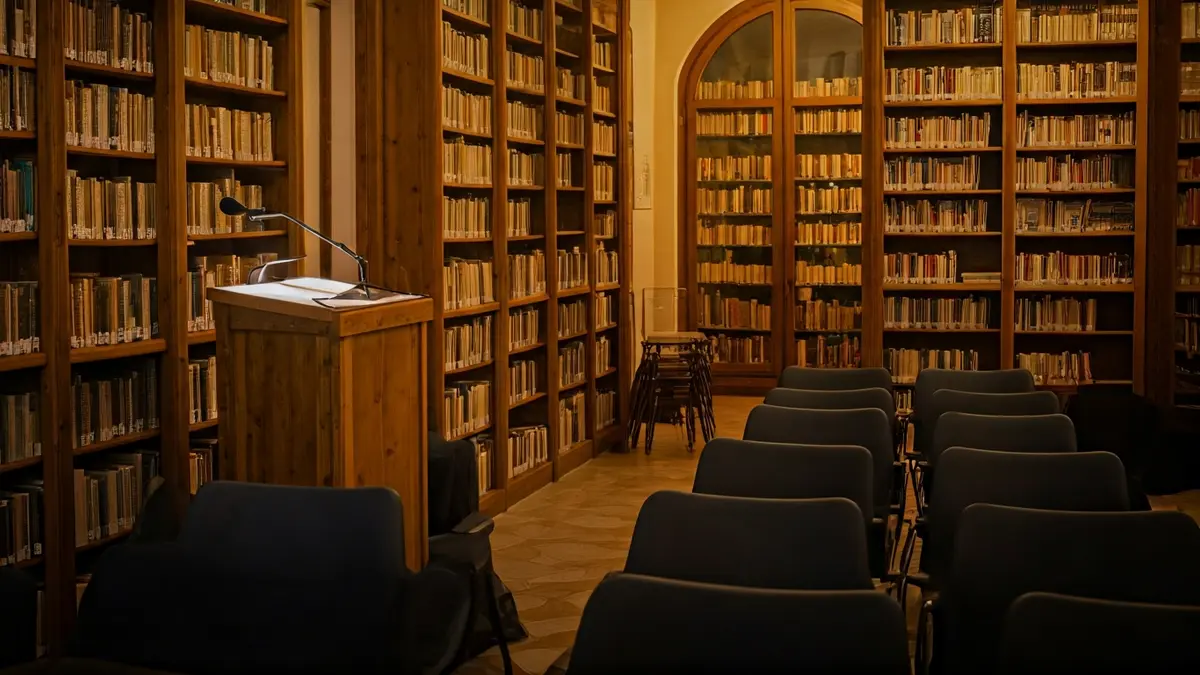 Imatge genèrica d'una biblioteca amb prestatgeries de fusta i un faristol amb micròfon.