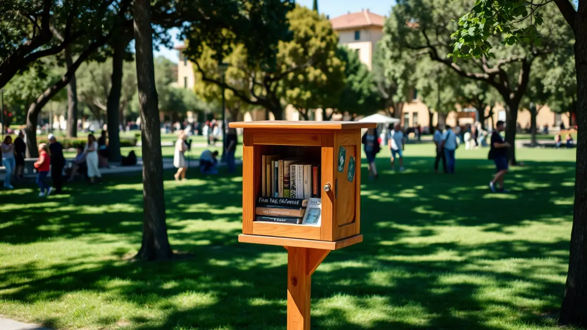 Imagen genérica de una caseta de madera para el intercambio de libros en un parque público.