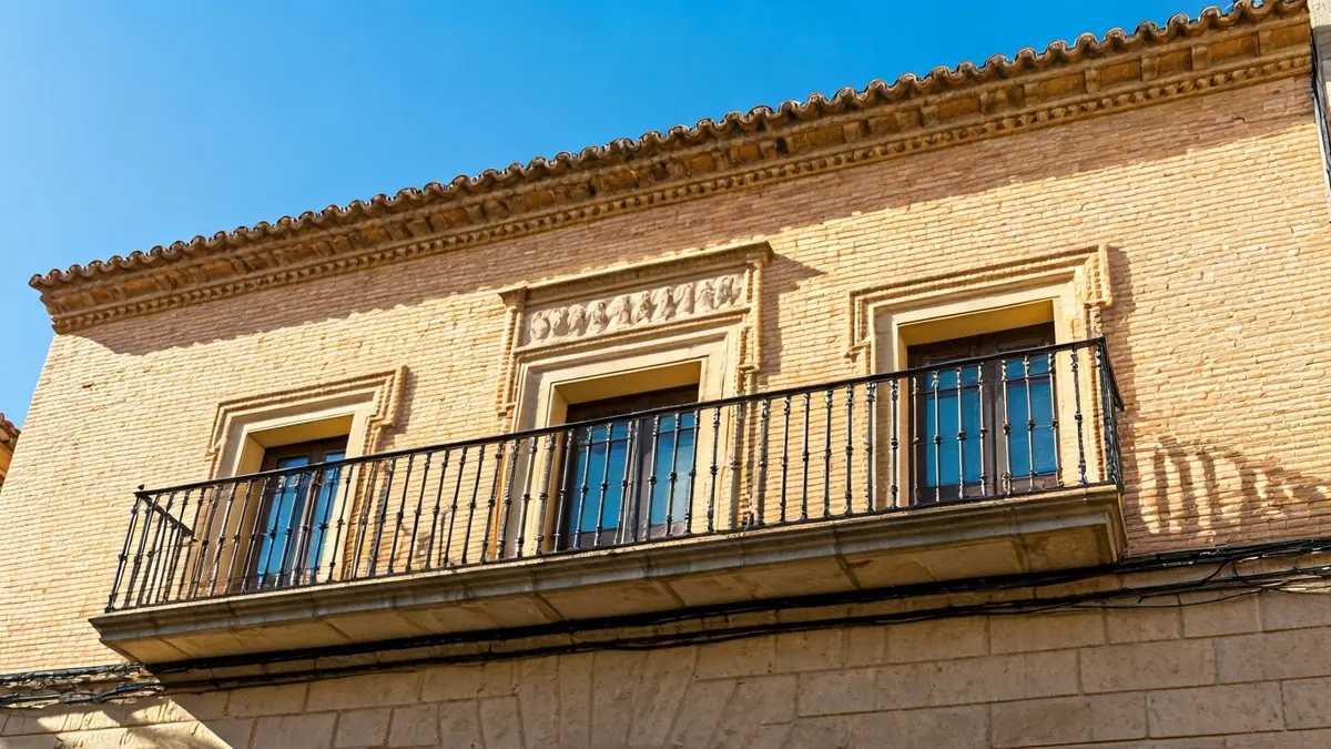 Fachada del ayuntamiento de Benicàssim con balcón ornamentado y barandillas de hierro, iluminada por el sol de la tarde.