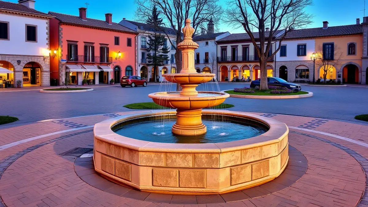 Imagen de la Fuente del Señor de Benicàssim tras su restauración, con la plaza renovada e iluminada.