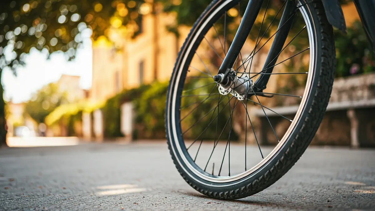 Imatge genèrica d'una roda de bicicleta en un camí pavimentat, amb vegetació i edificis desenfocats al fons, sota la llum del sol.
