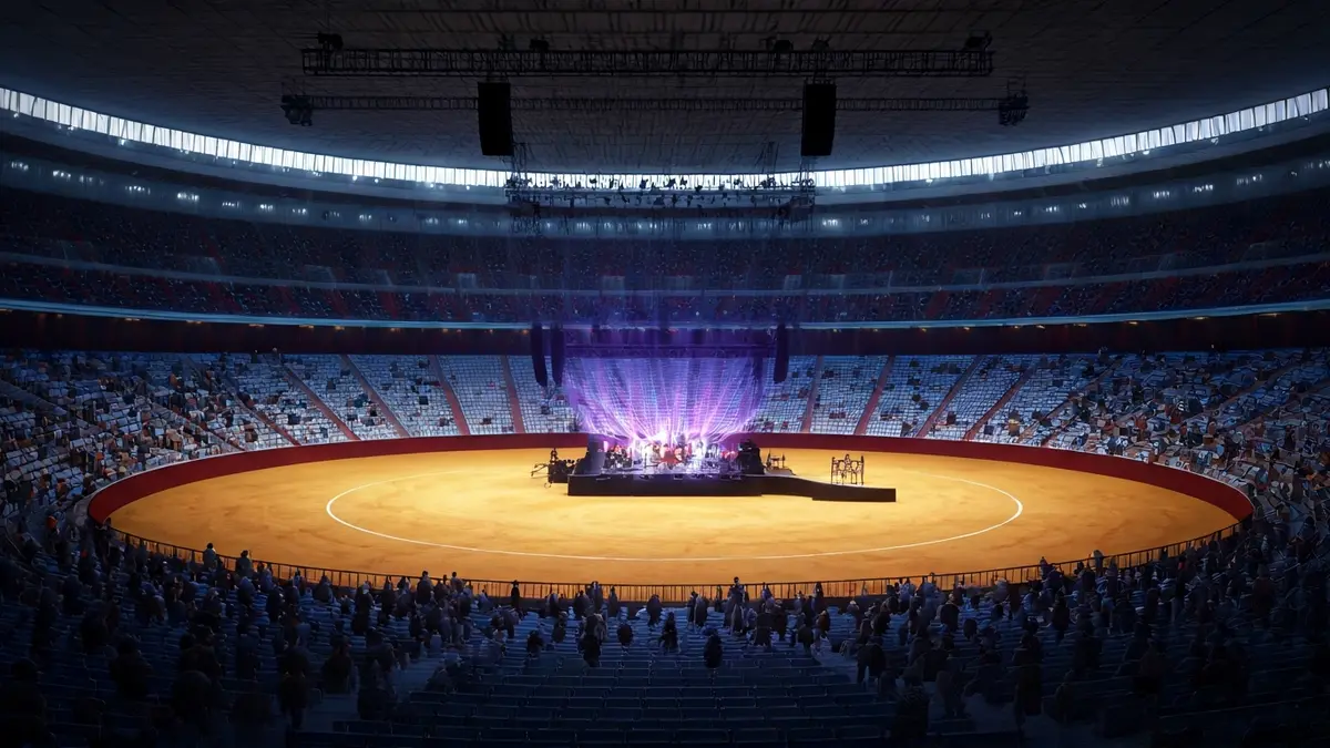 Imagen de un espacio multifuncional moderno, con un escenario para eventos culturales e iluminación vibrante.