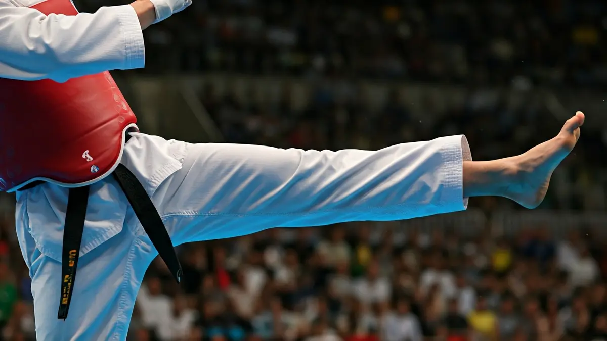 Imagen genérica de un pie de taekwondo en acción durante un combate.