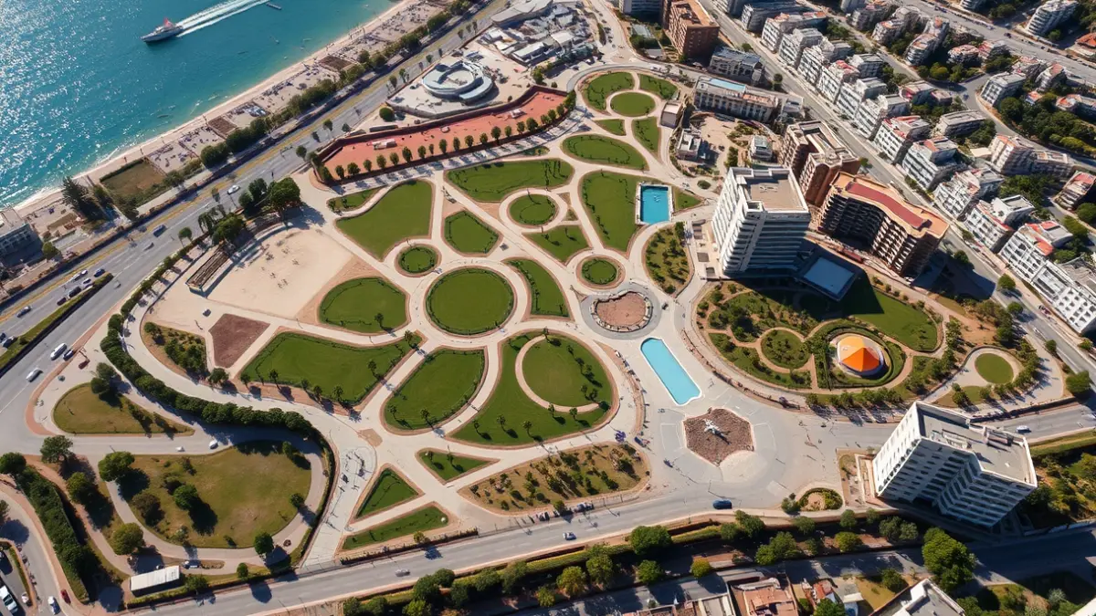 Imatge aèria d'un projecte urbanístic amb zones verdes i edificis en construcció en una ciutat costanera.