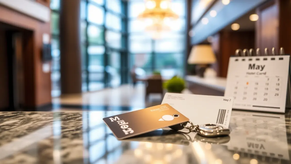 Generic image of a hotel key card on a reception desk, with a blurred background of a modern hotel lobby.