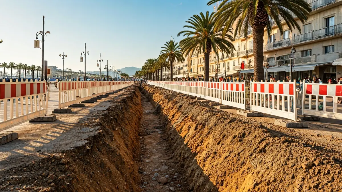 Image of urgent construction work on a Mediterranean promenade, with safety barriers and a trench.