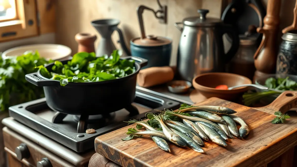 Imagen de una cocina tradicional valenciana con ingredientes para el arroz con espinacas y boquerones.