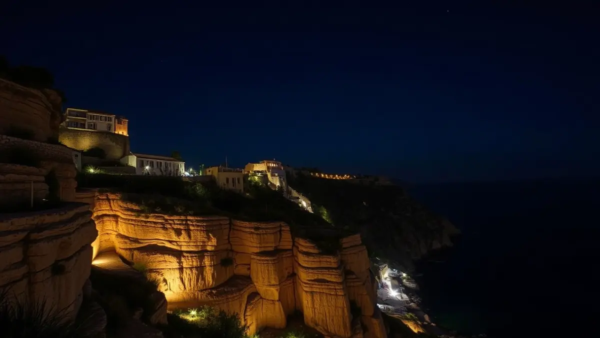 Imatge de la il·luminació ornamental d'un penya-segat en una ciutat mediterrània de nit.
