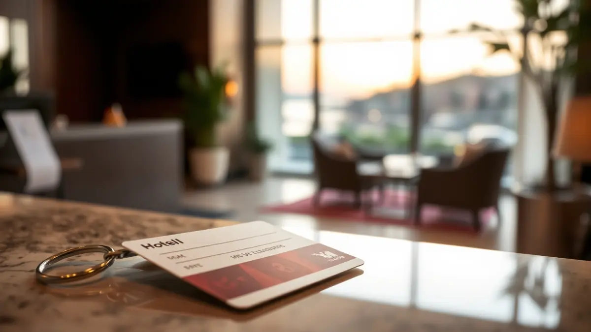 Generic image of a hotel key card on a reception desk, with a blurred background of a modern hotel lobby.