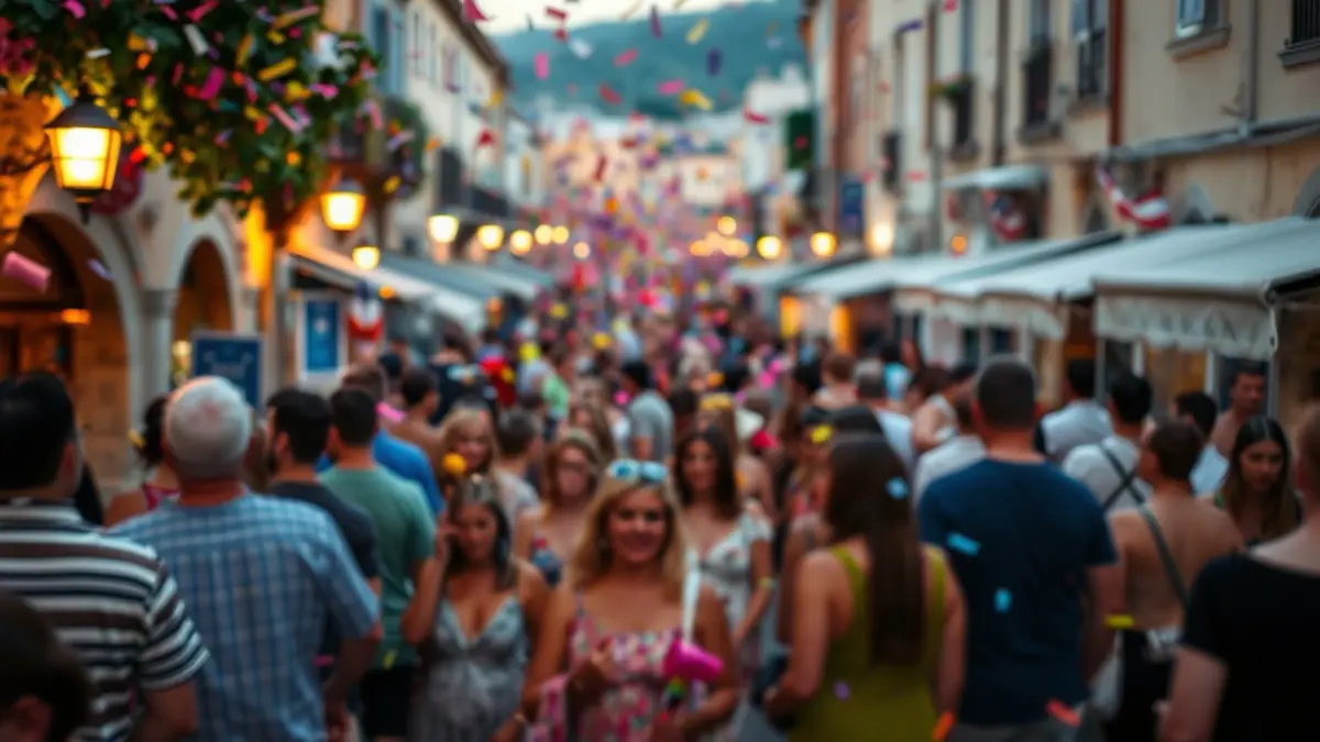Imagen genérica de una fiesta popular con confeti y gente celebrando en una calle mediterránea.