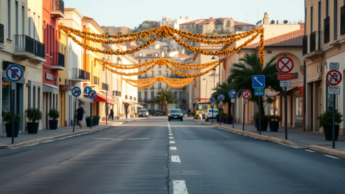 Generic image of empty streets in a Mediterranean town center with traffic signs and festive decorations.
