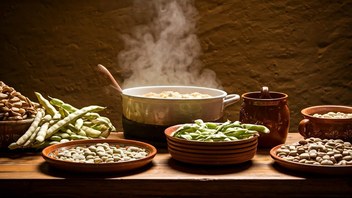 Image of a peeled fava bean rice dish in a rustic setting.
