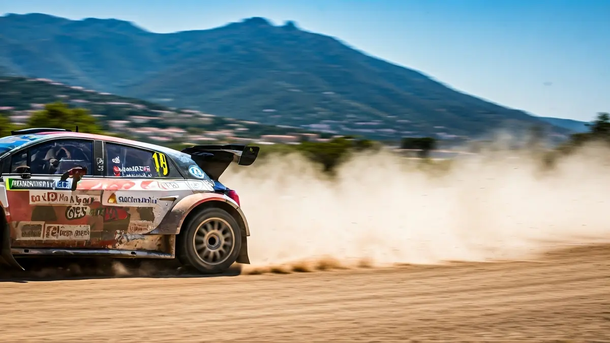 Image of a rally tire kicking up dust on a dirt track.
