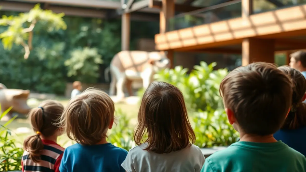 Image of children observing animals in a zoo, with lush vegetation and warm light.