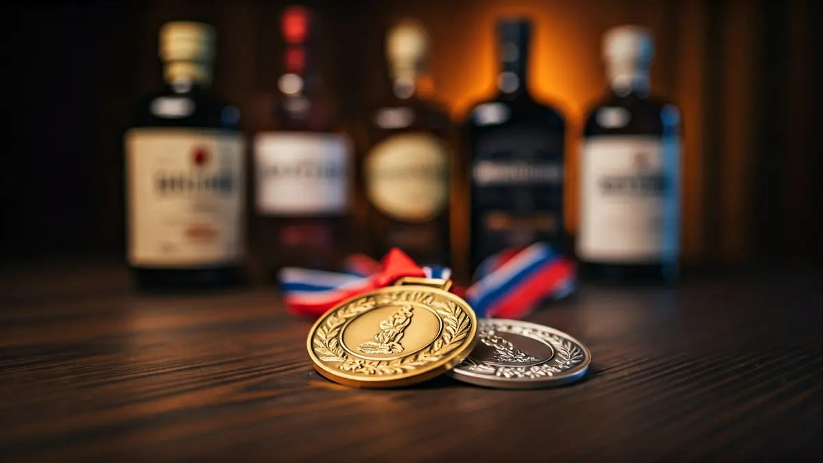 Imatge genèrica de medalles d'or i plata, amb ampolles de begudes alcohòliques desenfocades al fons.
