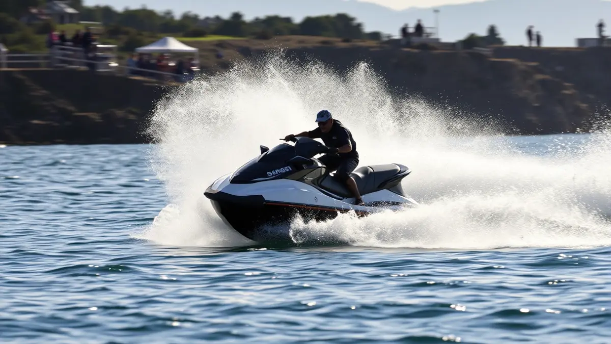 Imagen de una moto de agua en plena carrera, con el agua salpicando y la costa de fondo.