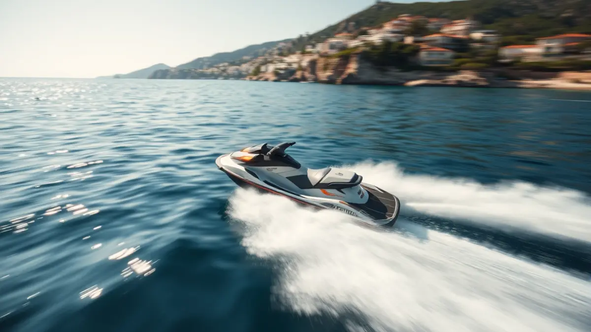 Generic image of a jet ski racing on the sea, with the Mediterranean coast in the background.