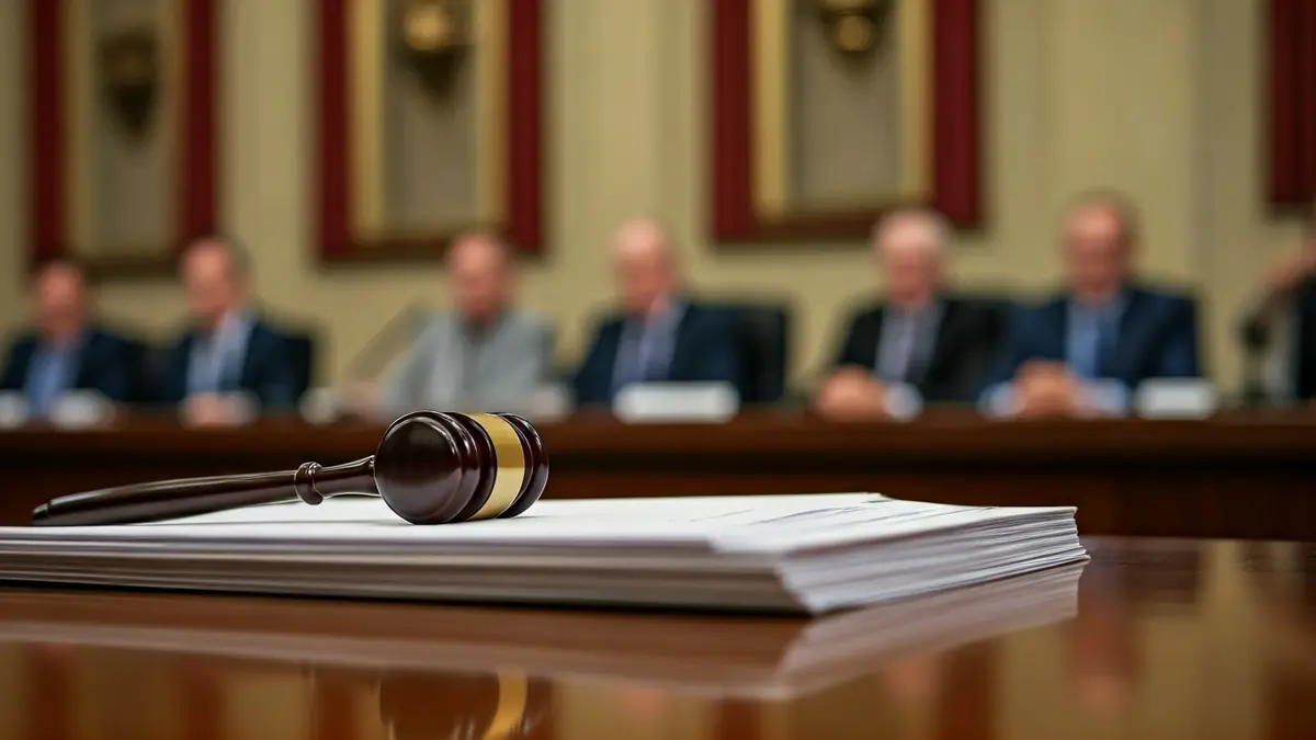 Generic image of a judge's gavel on official documents on a conference table.